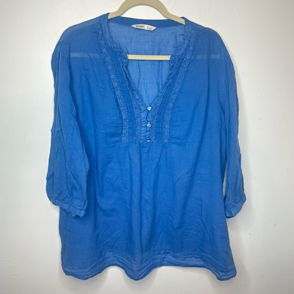 Old Navy Blue Lightweight 3/4 Sleeve Blouse XXL Buttons And Crochet Design